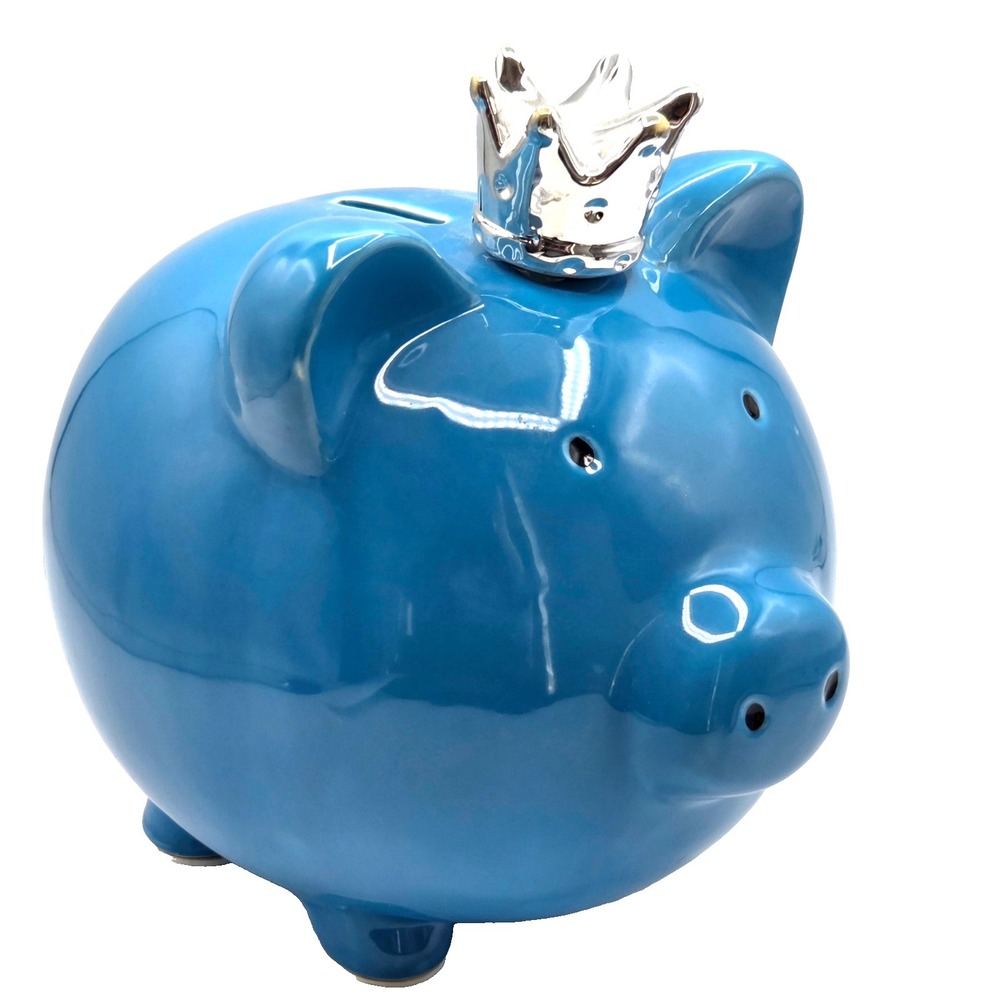 Ceramic Piggy Bank Blue Princess Silver Crown With Stopper
